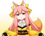  1girl animal_ear_fluff animal_ears blush brown_eyes fate/samurai_remnant fate_(series) fox_ears fox_tail gradient_background hair_ribbon japanese_clothes keita_naruzawa kimono long_hair looking_at_viewer pink_hair ribbon solo tail tamamo_(fate) tamamo_aria upper_body wide_sleeves yellow_kimono yellow_ribbon 