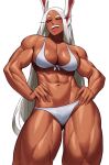  1girl ;p abs absurdres animal_ears bare_shoulders bikini boku_no_hero_academia breasts cleavage dark-skinned_female dark_skin front-tie_bikini_top front-tie_top hands_on_own_hips highres large_breasts long_eyelashes long_hair looking_at_viewer mirko muscular muscular_female navel one_eye_closed parted_bangs rabbit_ears rabbit_girl raised_eyebrow red_eyes smile solo sotcho stomach swimsuit teeth thick_thighs thighs tongue tongue_out upper_teeth_only white_background white_bikini white_hair 
