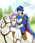  1boy 1girl bare_shoulders blue_cape blue_hair breasts brother_and_sister cape circlet dress fire_emblem fire_emblem:_genealogy_of_the_holy_war headband horse horseback_riding julia_(fire_emblem) open_mouth ponytail purple_cape purple_eyes purple_hair riding seliph_(fire_emblem) siblings simple_background smile white_headband yukia_(firstaid0) 