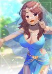  1girl :d bangle blue_dress blurry blurry_background bracelet breasts brown_eyes brown_hair cleavage collarbone commentary_request commission dark-skinned_female dark_skin day depth_of_field dress hand_up jewelry kou_hiyoyo large_breasts long_hair looking_at_viewer original outdoors parted_bangs pelvic_curtain pendant see-through skeb_commission smile solo veil 