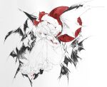  1girl absurdres bat_(animal) bat_wings dress expressionless frilled_dress frills full_body full_moon hat hat_ribbon highres latin_commentary mob_cap monochrome moon raivarune red_eyes red_moon remilia_scarlet ribbon short_hair solo spot_color touhou wings 