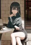  1girl averting_eyes bag black_hair black_skirt blue_eyes blunt_bangs blurry blurry_background brick_floor brick_wall closed_mouth coffee commentary_request crossed_legs cup day earrings fagi_(kakikaki) feet_out_of_frame fubuki_(one-punch_man) green_shirt handbag high-waist_skirt highres jewelry long_skirt long_sleeves medium_hair one-punch_man outdoors sauce shade shirt shirt_tucked_in sitting skirt smile solo spoon stool table teacup 