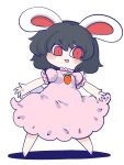  1girl animal_ears barefoot black_hair blush carrot_necklace chahan_(fried_rice0614) chibi commentary dress frilled_sleeves frills full_body highres inaba_tewi jewelry looking_at_viewer necklace open_mouth pink_dress pink_shirt pink_skirt puffy_short_sleeves puffy_sleeves rabbit_ears rabbit_girl rabbit_tail red_eyes ribbon-trimmed_dress ribbon-trimmed_skirt ribbon_trim shadow shirt short_hair short_sleeves simple_background skirt solo spread_fingers standing tail teeth touhou upper_teeth_only white_background 