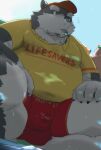  2023 anthro belly big_belly bottomwear bulge canid canine canis clothing domestic_dog group hat headgear headwear hi_res kemono kisukemk777 lifesaver male mammal overweight overweight_male shirt shorts solo_focus topwear 