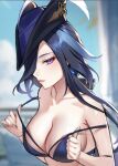  1girl bare_shoulders bikini black_headwear blue_bikini blue_hair blue_sky blurry blurry_background breasts clorinde_(genshin_impact) commentary day genshin_impact hat helloimtea large_breasts looking_at_viewer outdoors pink_lips purple_eyes sky solo strap_slip swimsuit tricorne unfinished upper_body 