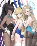  3girls :p animal_ears ass asuna_(blue_archive) asuna_(bunny)_(blue_archive) black_hair black_leotard blonde_hair blue_archive blue_eyes blue_leotard bow bowtie breasts dark-skinned_female dark_skin detached_collar fake_animal_ears fishnet_pantyhose fishnets gloves hair_over_one_eye halo highres hood_(james_x) karin_(blue_archive) karin_(bunny)_(blue_archive) large_breasts leotard long_hair looking_at_viewer medium_breasts multiple_girls official_alternate_costume pantyhose playboy_bunny rabbit_ears strapless strapless_leotard thighband_pantyhose thighhighs toki_(blue_archive) toki_(bunny)_(blue_archive) tongue tongue_out very_long_hair white_gloves white_thighhighs wrist_cuffs yellow_eyes 