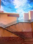  absurdres blue_sky brick_wall building cloud day highres no_humans original outdoors scenery sky smile_(qd4nsvik) stairs 