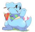  animal_focus arm_up bandana blush closed_eyes closed_mouth fangs food food_in_mouth fushigi_no_dungeon holding holding_food no_humans nostrils pocky pokemon pokemon_(creature) pokemon_(game) pokemon_mystery_dungeon solo standing striped_bandana totodile white_background zeruri 