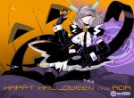  ada_lovelace android black_bow black_footwear black_gloves black_skirt black_thighhighs black_vest bow breasts brown_hair candy character_name cleavage elbow_gloves food gloves halloween happy_halloween high_heels holding holding_candy holding_food kikuchi_michitaka leaning_to_the_side logo looking_at_viewer navel official_art puffy_short_sleeves puffy_sleeves purple_eyes short_hair short_sleeves shrug_(clothing) sitting skirt smile taiyoukei_sf_bouken_taizen_supeope! thighhighs vest wrist_cuffs 