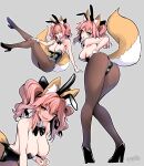  absurdres alternate_costume alternate_hairstyle animal_ear_fluff animal_ears ass black_leotard breasts commentary detached_collar fake_animal_ears fang fate_(series) fishnet_pantyhose fishnets fox_ears fox_girl fox_tail high_heels highleg highleg_leotard highres large_breasts leotard multiple_views nipples one_eye_closed pantyhose pink_hair playboy_bunny pulled_by_self rabbit_ears smile strapless strapless_leotard tail tamamo_(fate) tamamo_no_mae_(fate/extra) two_side_up wisespeak wrist_cuffs yellow_eyes 