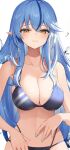  1girl bare_shoulders bikini black_bikini blue_hair blue_nails blush breasts cleavage collarbone colored_tips crossed_bangs double-parted_bangs hair_between_eyes hair_ornament highres hololive large_breasts long_hair looking_at_viewer multicolored_hair navel pointy_ears solo streaked_hair swimsuit thomas_8000 virtual_youtuber white_background yellow_eyes yukihana_lamy 