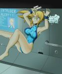  1girl absurdres armpits asphyxiation blonde_hair blue_eyes breasts bubble copyright_request darkenrok drowning high_ponytail highres one-piece_swimsuit samus_aran speech_bubble swimming swimsuit thighs underwater 