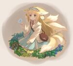  1girl animal_ear_fluff animal_ears arknights bag blonde_hair blue_butterfly blue_hairband blue_skirt blush brown_bag bug butterfly cardigan commentary cross-laced_clothes cross-laced_skirt cross-laced_slit fox_ears fox_girl fox_tail frilled_hairband frills full_body green_eyes hair_ornament hair_scrunchie hairband handbag high-waist_skirt highres kitsune kyuubi long_hair long_sleeves multiple_tails neck_ribbon official_alternate_costume open_cardigan open_clothes open_mouth puffy_long_sleeves puffy_sleeves red_ribbon ribbon round_bag scrunchie seiza shirt shoulder_bag sitting skirt solo suzuran_(arknights) suzuran_(spring_praise)_(arknights) tail vita_(mitac) white_shirt yellow_cardigan 