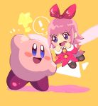  ! 1girl blush_stickers commentary_request fairy fairy_wings hair_ribbon heart highres kirby kirby_(series) kirby_64 ksni_tbn looking_at_another open_mouth orange_background pink_hair ribbon ribbon_(kirby) solid_oval_eyes star_(symbol) wings 