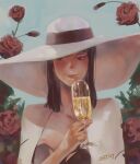  1girl bad_id bad_twitter_id black_hair blue_background blunt_bangs champagne_flute collarbone commentary cup drinking_glass flower hat highres holding holding_cup large_hat looking_to_the_side medium_hair mulmulgogibbq nico_robin one_piece red_flower red_lips red_rose rose smile watermark 