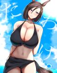  ... 1girl absurdres air_groove_(umamusume) animal_ears arms_behind_back bare_shoulders bikini black_bikini black_choker black_sarong blue_eyes blue_sky blush breasts brown_hair choker cleavage closed_mouth cloud collarbone commentary_request cowboy_shot day ear_bow ear_ornament eyeshadow frown groin hair_between_eyes highres horse_ears horse_girl horse_tail huge_breasts looking_to_the_side makeup megao_3rd navel ocean outdoors red_eyeshadow sarong short_hair sidelocks sky solo spoken_ellipsis standing stomach sweat swimsuit tail umamusume 