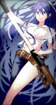  1girl asymmetrical_clothes asymmetrical_legwear belt black_hair blurry blurry_foreground breasts commentary_request hair_ribbon holding holding_sheath holding_sword holding_weapon kanzaki_kaori katana large_breasts long_hair midriff navel nmdsk ootachi ponytail purple_eyes ribbon sheath shichiten_shichitou shirt single_pantsleg solo sword toaru_majutsu_no_index unsheathing very_long_hair weapon 