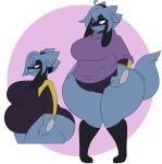  2021 3_toes anthro belly big_belly big_breasts big_butt black_body black_fur blue_body blue_fur breasts butt clothing dewwydarts feet female fist fur generation_4_pokemon hand_on_leg hand_on_thigh hi_res huge_thighs leotard multicolored_body multicolored_fur nintendo overweight overweight_anthro overweight_female pink_eyes pokemon pokemon_(species) purple_clothing purple_sweater purple_topwear riolu simple_background smile solo standing sweater thick_thighs toes topwear two_tone_body two_tone_fur wide_hips 