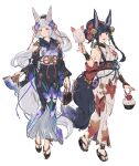  2girls animal_ears arm_up bag bell black_hair blue_eyes cotton_candy erune flower food fox_ears fox_girl fox_tail granblue_fantasy hair_bell hair_flower hair_ornament hand_fan handbag highres holding holding_food japanese_clothes kimono multiple_girls obi ponytail red_eyes sandals sash shimatani_azu societte_(granblue_fantasy) tail white_hair yuel_(granblue_fantasy) yukata 