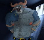  anthro arms_tied bound bovid bovine cattle chief_bogo clothing disney grey_body male male/male mammal muscular muscular_anthro muscular_male nipples pecs rope solo torn_clothing you_shibita zootopia 