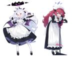  2girls @_@ apron beko_(beco_1122) blue_archive bow demon_horns demon_wings dress grey_eyes halo highres hina_(blue_archive) horns iroha_(blue_archive) long_dress maid maid_apron maid_headdress multiple_girls multiple_horns purple_eyes red_hair white_apron white_background white_hair wings 