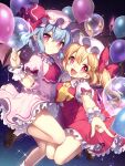  2girls :d ascot balloon bat_wings black_footwear blonde_hair blue_hair brooch collared_shirt commentary_request crystal flandre_scarlet frilled_shirt frilled_shirt_collar frilled_skirt frills hair_between_eyes hat highres holding holding_balloon jewelry loafers long_hair masaru.jp mob_cap multiple_girls one_side_up outstretched_arm pink_eyes pink_headwear pink_shirt pink_skirt pink_wings puffy_short_sleeves puffy_sleeves red_skirt red_vest remilia_scarlet shirt shoes short_sleeves siblings sisters skirt skirt_set smile socks touhou vest white_headwear white_shirt white_socks wings wrist_cuffs yellow_ascot 