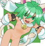  1girl :d animal_ears antenna_hair bell beryl_(shinrabanshou) cat_ears cat_girl cat_tail fangs green_eyes green_hair hair_between_eyes jingle_bell nipples pussy scarf shinrabanshou short_hair sicky_(pit-bull) smile solo tail tail_ornament tail_ring white_scarf 