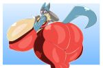  anthro big_breasts big_butt blue_body blue_fur blush breasts butt canid canine canis clothed clothing digital_media_(artwork) domestic_dog female female/female fur generation_4_pokemon hair hi_res huge_breasts huge_butt hyper looking_at_viewer lucario mammal nintendo nipples pokemon pokemon_(species) simple_background solo thiccbuns 