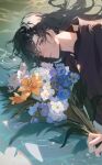  1boy bishounen blue_hair bouquet chinese_clothes code:_kite dark_blue_hair flower_on_liquid fu_rong_(code:_kite) hair_down hanfu highres holding holding_bouquet looking_at_viewer lying_on_water male_focus partially_submerged partially_underwater_shot ripples shallow_water solo sta_starry water waves 