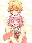  1boy 1girl :o bad_id bad_twitter_id badge blonde_hair blush bob_cut button_badge cardigan couple dot_nose double-parted_bangs facing_viewer gradient_background gradient_hair grey_serafuku hair_between_eyes hands_on_another&#039;s_arms happy height_difference highres hug hug_from_behind kamiyama_high_school_uniform_(project_sekai) long_bangs long_sleeves miyamasuzaka_girls&#039;_academy_school_uniform multicolored_hair neckerchief on_head ootori_emu open_cardigan open_clothes open_mouth orange_eyes orange_hair pink_background pink_cardigan project_sekai red_neckerchief sailor_collar school_uniform serafuku short_hair single_stripe sleeves_past_wrists smile striped teeth tenma_tsukasa umino_kmsn upper_body upper_teeth_only white_background white_sailor_collar white_stripes yellow_cardigan 