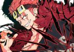  1boy artist_name coat commentary eustass_kid fur_coat goggles goggles_on_head highres looking_at_viewer male_focus mygiorni one_piece red_coat red_eyes red_hair scar scar_across_eye scar_on_chest scar_on_face short_hair smile solo teeth 