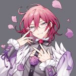  1boy black_choker blue_eyes choker closed_mouth daya_kro ensemble_stars! flower glasses grey_shirt harness highres jacket male_focus multicolored_rose petals pink_flower pink_hair pink_rose purple_flower purple_rose red_flower red_rose rose saegusa_ibara shirt smile solo white_jacket 