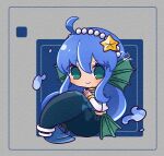  1girl bangs blue_hair blush chibi green_eyes long_hair looking_at_viewer mermaid monster_girl own_hands_together puyopuyo serilly_(puyopuyo) solo starfish_hair_ornament user_nrmx7882 