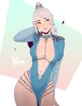  1girl artist_name baldur&#039;s_gate baldur&#039;s_gate_3 blue_dress breasts choker cowboy_shot dress dungeons_and_dragons green_eyes grey_hair highres koyorin large_breasts long_hair looking_to_the_side navel pelvic_curtain plunging_neckline pointy_ears scar scar_on_face shadowheart_(baldur&#039;s_gate) solo 