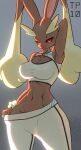  absurd_res anthro breasts brown_body brown_fur female fur generation_4_pokemon hand_behind_head hi_res looking_at_viewer lopunny nintendo pokemon pokemon_(species) red_eyes seductive solo sportswear tongue tongue_out tp10 