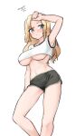  1girl absurdres alternate_costume arm_up black_shorts blonde_hair blush breasts closed_mouth dated dot_mouth feet_out_of_frame grey_eyes highres hornet_(kancolle) kantai_collection large_breasts looking_at_viewer maru_(marg0613) midriff navel one-hour_drawing_challenge shirt short_shorts short_sleeves shorts simple_background solo twitter_username underboob white_shirt 