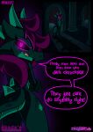  absurd_res anthro comic dialogue digital_drawing_(artwork) digital_media_(artwork) dragon female glowing glowing_eyes green_body hair hi_res horn lustragon nude pink_eyes purple_hair ruins scalie shade_(iestragon) simple_background solo speech_bubble tail text watermark 