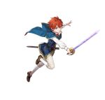  1boy aged_down blue_eyes brown_footwear capelet clenched_teeth eliwood_(fire_emblem) fire_emblem fire_emblem:_the_blazing_blade fire_emblem_heroes holding holding_sword holding_weapon neck_ribbon official_alternate_costume official_art red_capelet red_hair red_ribbon ribbon sheath solo sword teeth v-shaped_eyebrows weapon 