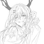  1girl :d alina_(arknights) animal_ears antlers arknights cang_canggg deer_antlers deer_ears deer_girl flower greyscale hair_ornament hair_over_eyes hairclip half-closed_eyes hand_up long_hair looking_at_viewer monochrome open_mouth portrait simple_background sketch smile solo white_background 