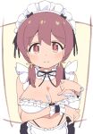  1girl absurdres apron arm_under_breasts artistic_error breasts brown_eyes brown_hair cleavage detached_collar dot_nose frills hair_between_eyes highres large_breasts long_hair looking_at_viewer low_twintails maid maid_headdress mm2_re murosaki_miyo navel onii-chan_wa_oshimai! panty_straps simple_background smile solo twintails upper_body waist_apron wrist_cuffs 