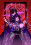  2girls ahoge armor black_background black_hair blue_cape cape closed_mouth crown dual_persona funamusea grirea_(funamusea) long_hair majiang mini_crown multicolored_background multiple_girls purple_eyes purple_hair red_background red_eyes smile twintails 