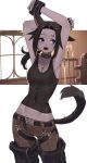  1girl absurdres animal_ears arms_up belt black_hair blue_eyes cat_ears cat_girl cat_tail choker collarbone colored_skin covered_navel english_commentary final_fantasy final_fantasy_xiv fingerless_gloves gloves grey_skin highres low_ponytail medium_hair midd_night miqo&#039;te nail_polish open_mouth pants solo sweat tail tank_top tostantan warrior_of_light_(ff14) 