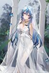  1girl absurdres ahoge azur_lane bare_shoulders blue_hair bridal_gauntlets bridal_veil bride bug butterfly clenched_teeth collar covered_navel dress flantia gloves hair_between_eyes helena_(azur_lane) helena_(miracle_in_white)_(azur_lane) highres long_hair looking_at_viewer official_alternate_costume open_mouth parted_lips purple_eyes solo strapless strapless_dress teeth veil wedding_dress white_dress white_gloves 
