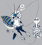  antennae_(anatomy) anthro arthropod big_tail blue_body clothing cupic fluffy genitals hi_res leg_warmers legwear male penis solo spots tail wings 