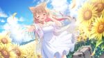  1girl :d ahoge animal_ear_fluff animal_ears blonde_hair blue_sky blush bracelet closed_eyes cloud colored_inner_hair day dog_ears dog_girl dress dutch_angle earrings falling_petals field floating_hair flower flower_earrings flower_field hair_ornament highres inumaki_himari jewelry long_hair looking_at_viewer multicolored_hair necklace off_shoulder outstretched_arms petals pink_hair reimin second-party_source see-through see-through_shirt sky smile solo suitcase sundress sunflower two-tone_hair virtual_youtuber wactor_production white_dress wind windmill x_hair_ornament yellow_flower 