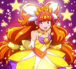  1girl amanogawa_kirara arms_behind_back artist_name back_bow big_hair blunt_bangs bow brooch commentary cowboy_shot cure_twinkle detached_collar detached_sleeves dress earrings go!_princess_precure hair_ornament hair_scrunchie jewelry light_particles long_hair looking_at_viewer low-tied_long_hair magical_girl multicolored_hair open_mouth orange_hair precure purple_eyes red_hair scrunchie short_dress signature smile solo standing star_(symbol) star_earrings star_hair_ornament strapless strapless_dress tiara twintails two-tone_hair two_side_up yellow_bow yellow_collar yellow_dress yellow_scrunchie zerolay 
