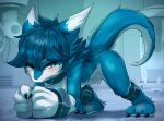  2023 all_fours anthro blue_body blue_ears blue_eyes blue_fur blue_hair blue_tail blush claws dragon finger_claws fingers fur furred_dragon hair inside looking_at_viewer nude restrained shoru solo soul_(dragons0ulz) tail 