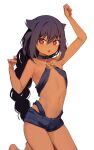  1girl arms_up bare_legs barefoot black_hair blush braid breasts bright_pupils choker collar commentary dark-skinned_female dark_skin fang hair_between_eyes hair_flaps halterneck highres jahy jahy-sama_wa_kujikenai! konbu_wakame long_hair looking_at_viewer navel o-ring o-ring_top official_art open_mouth paw_pose red_eyes revision short_shorts shorts sidelocks simple_background single_braid small_breasts solo very_long_hair white_background 