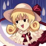  1girl blonde_hair capelet commentary_request curly_hair dress elly_(touhou) hat hat_ribbon highres holding holding_scythe juliet_sleeves long_sleeves medium_hair neck_ribbon nervous_sweating open_mouth puffy_sleeves red_dress red_ribbon ribbon scythe solo sun_hat sweat sweatdrop teeth touhou touhou_(pc-98) turtle-kun upper_body upper_teeth_only white_capelet white_headwear 