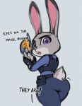  2020 anthro big_butt brachyzoid buckteeth butt butt_pose clothed clothing dialogue digital_media_(artwork) disney english_text female fully_clothed fur furgonomics grey_body grey_fur holding_object holding_weapon judy_hopps lagomorph leporid looking_at_viewer looking_back looking_back_at_viewer mammal open_mouth pose purple_eyes rabbit rear_view redraw scut_tail short_tail simple_background solo tail tail_clothing talking_to_viewer teeth text thick_thighs unseen_character weapon white_background wide_hips zootopia 
